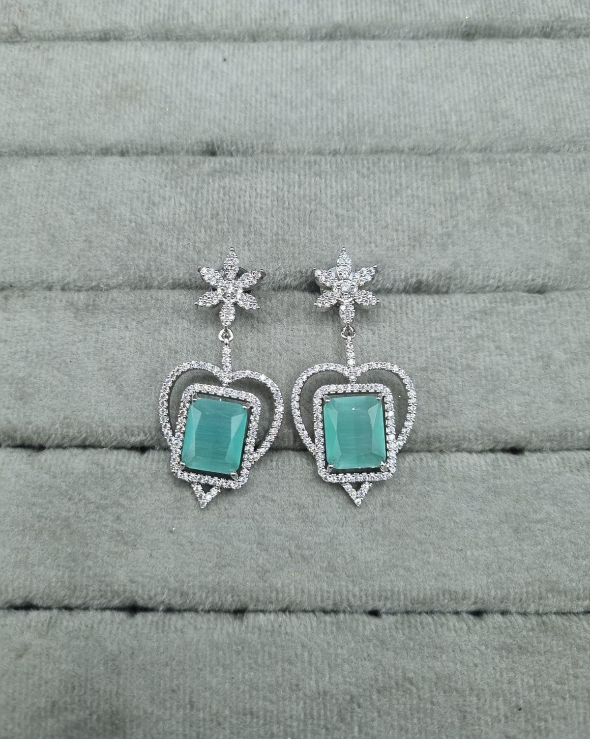 Mint Green & Silver AD Heart Dangle Earrings